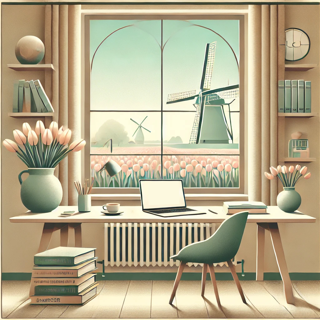 Nederlands С1.1 Уютен домашен офис с лаптоп, книги и ваза с лалета, с гледка към нидерландски пейзаж с вятърна мелница и цветни полета.