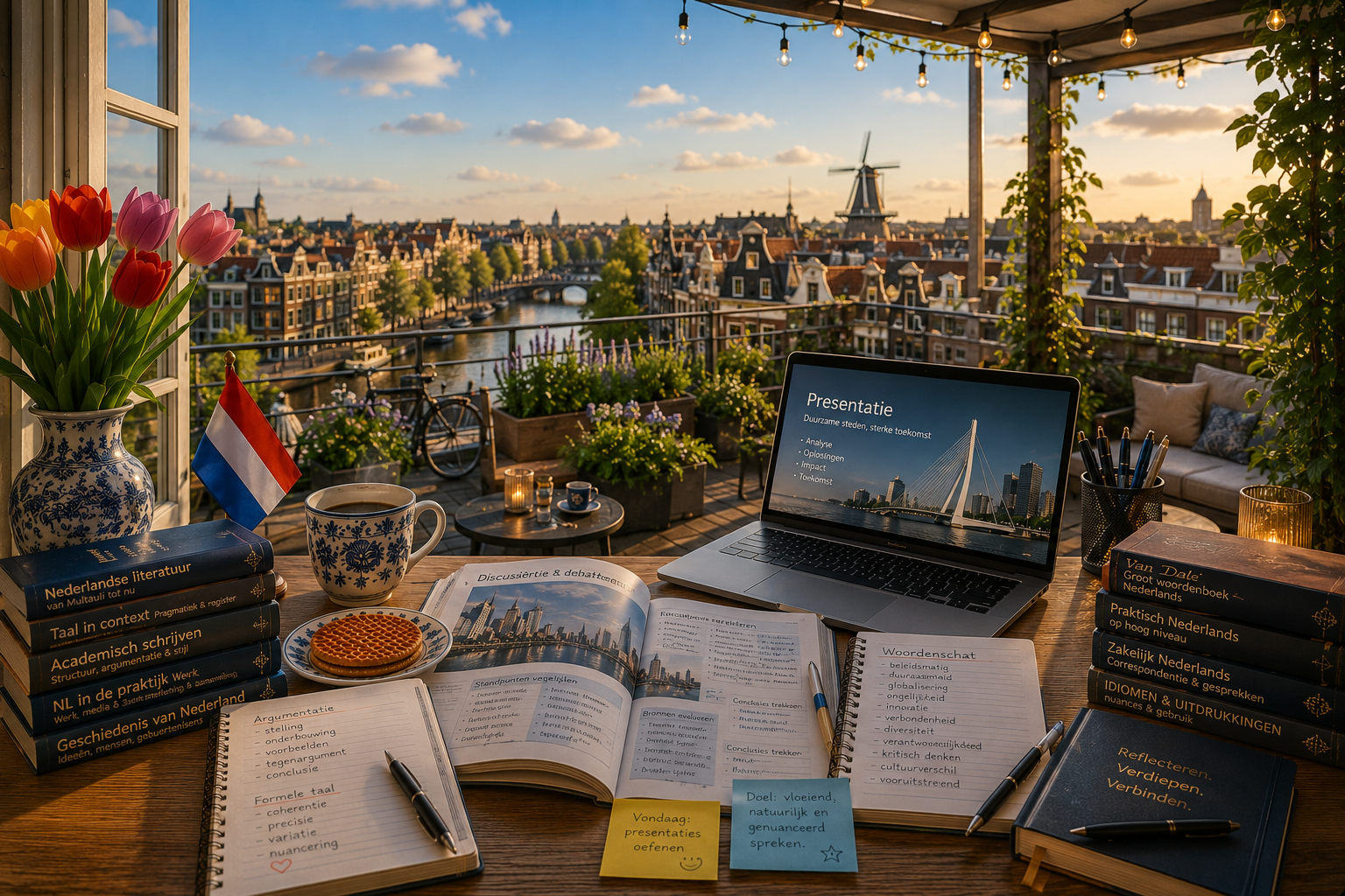 Открита rooftop тераса с нидерландски учебен кът, лаптоп, книги, тетрадки, лалета, кафе, stroopwafel и нидерландско знаме, с панорамна гледка към Амстердам.